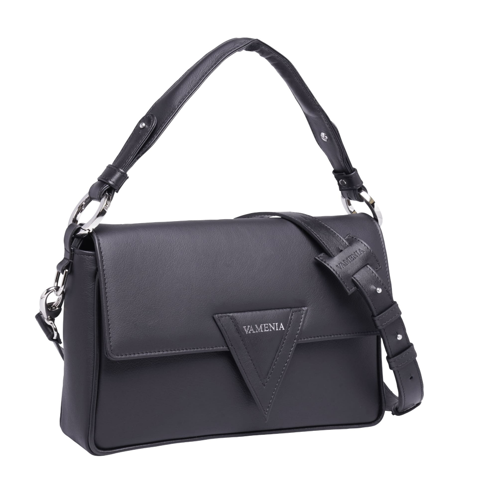 Schultertasche aus glattem Kalbsleder schwarz